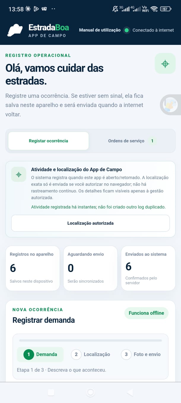 App de Campo EstradaBoa — tela inicial com registro operacional