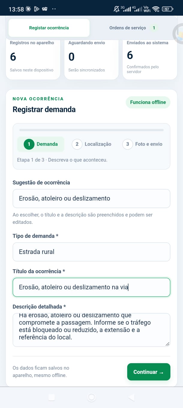 Cadastro de nova demanda no App de Campo com tipo e descrição
