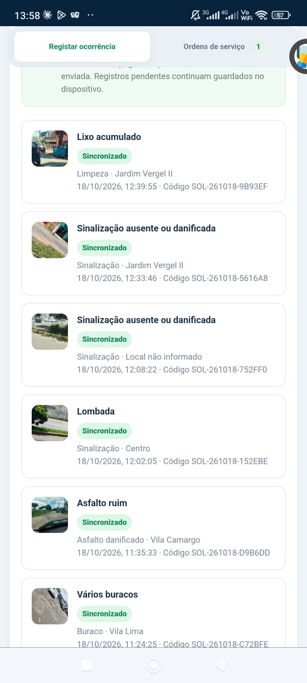 Lista de registros sincronizados com fotos e status