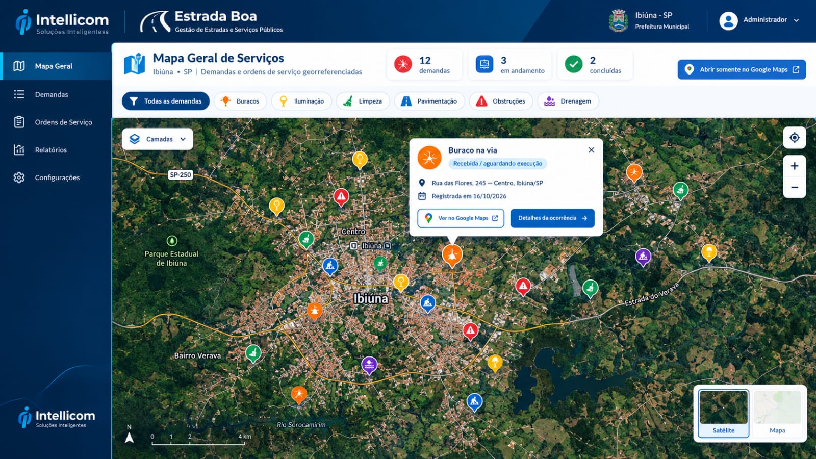 Mapa Geral de Serviços do EstradaBoa com demandas georreferenciadas sobre imagem de satélite — Ibiúna/SP