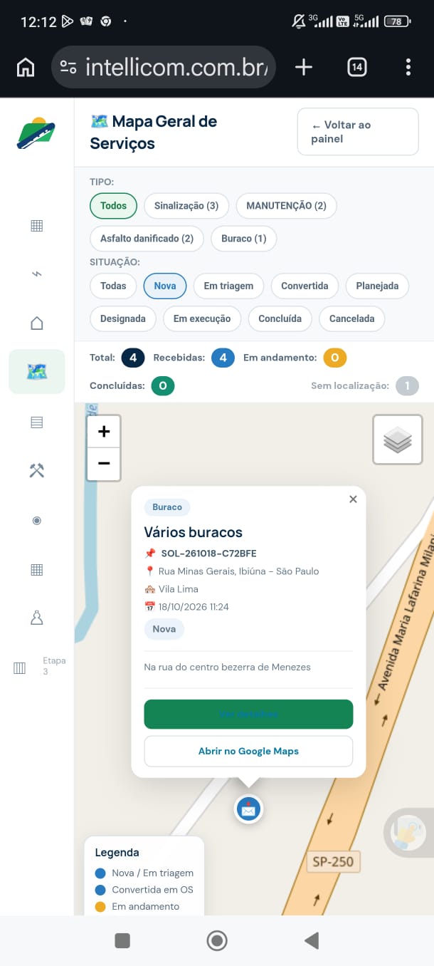 Mapa Geral mobile com filtros por tipo e situação